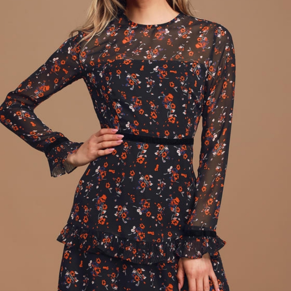 Lulus Floral To See Black Floral Print Long Sleeve Mini Dress